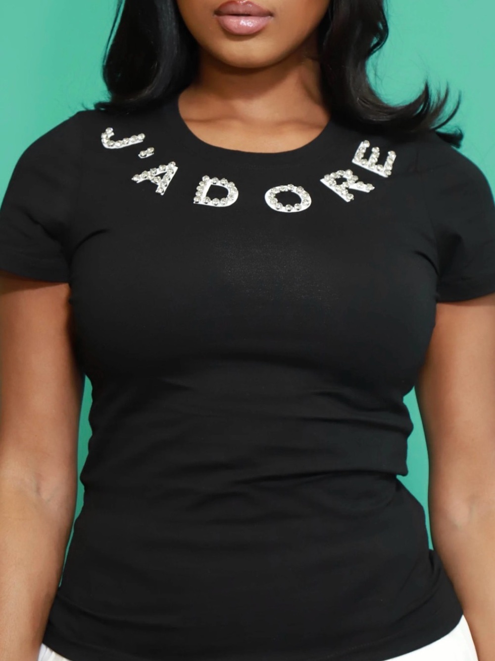 Crystal Letter Embellished Black Short Sleeve Tee